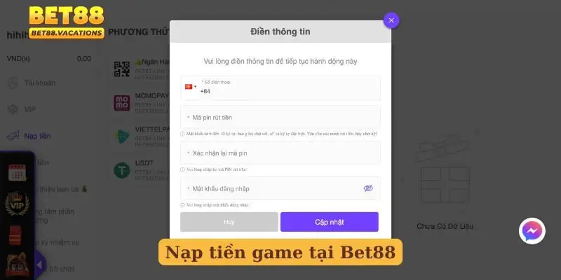 Nạp tiền game tại Bet88